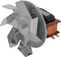 Motor mat engem Metallventilator an enger Kupferwécklung an enger orangener Spull. Motor mat engem Metallventilator an enger Kupferwécklung an enger orangener Spull.