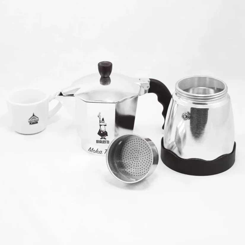Kávovar Bialetti Moka Timer na prípravu šiestich šálok kávy, vyrobený z nehrdzavejúcej ocele.