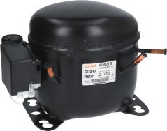 Kompressor Cubigel ML60TB, schwaarz hermetesch mat wäisser Klemmleist a zwee Kupferréier Kompressor Cubigel ML60TB, schwaarz hermetesch mat wäisser Klemmleist a zwee Kupferréier