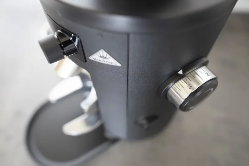 Display and grind size adjustment on a black Mahlkonig X54 home coffee grinder.