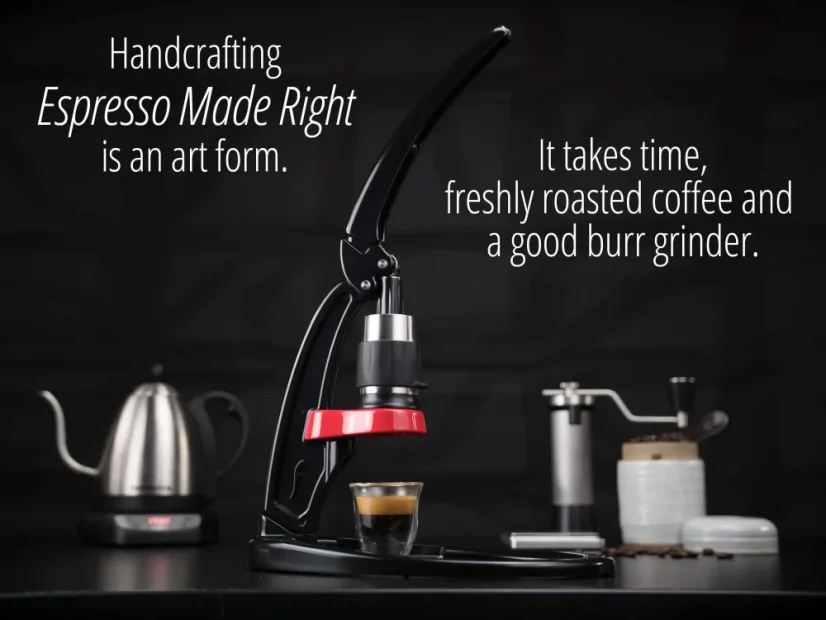 Enkel beskrivning av Flair Classic Espresso Maker på engelska.