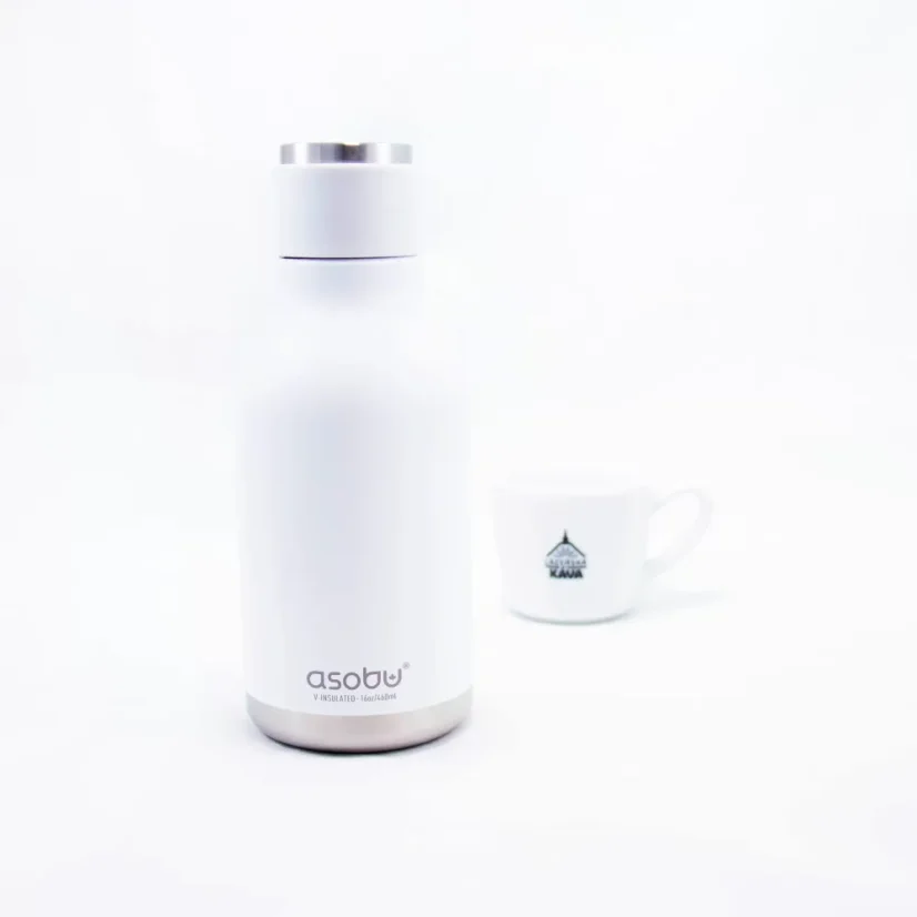 White Asobu Urban Water Bottle with a capacity of 460 ml, perfect for keeping drinks at the right temperature while traveling.