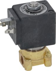 Elektromagnéitescht Ventil Parker mat schwaarzer Spull an engem glaate Stutz uewen op engem messege Kierper