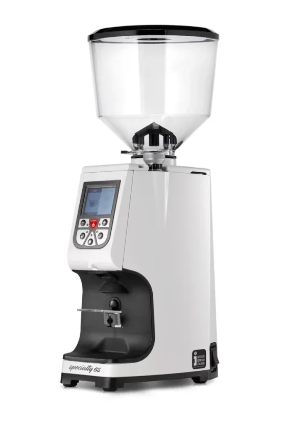 White professional Eureka Atom Specialty 65 coffee grinder.