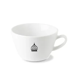 Valkoinen latte-muki kahvalla ja logolla