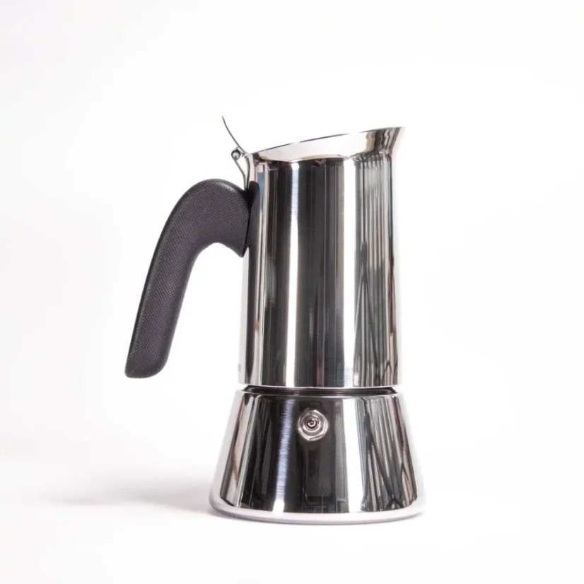 Side view of a Bialetti New Venus moka pot for 4 cups with a black handle