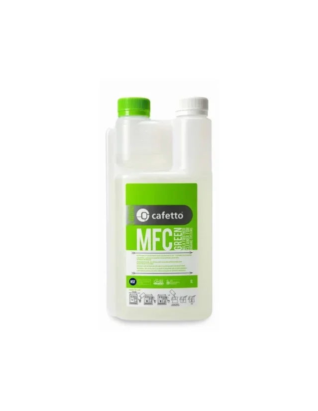 Líquido limpiador para caminos de leche en cafeteras automáticas en envase plástico blanco con impresión en color y dosificador.