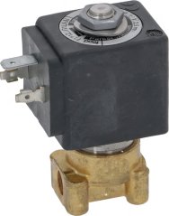 Elektromagnéitescht Ventil Parker mat schwaarzer Spull a messege Kierper mat zwee Ausgäng