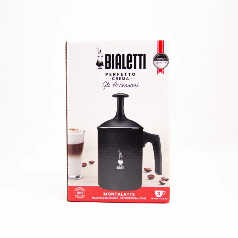 Opakowanie spieniacza do mleka marki Bialetti w czarnym kolorze o pojemności 166 ml.