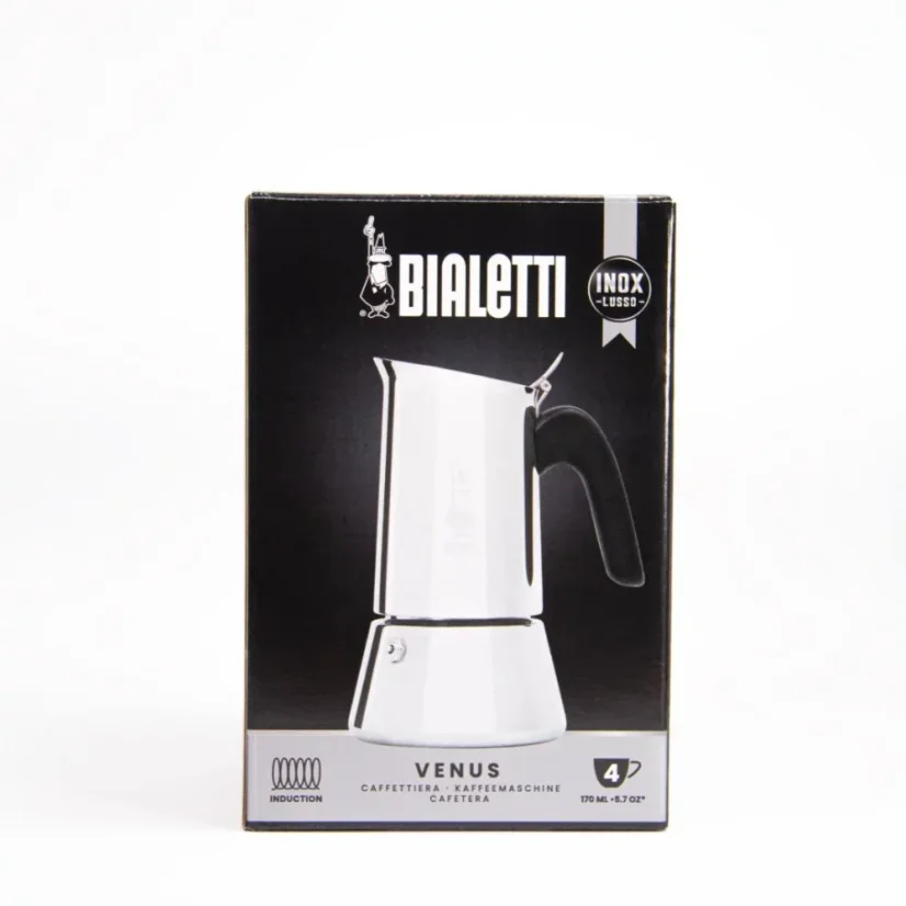 Bialetti New Venus silberne Espressokanne für 4 Tassen in Originalverpackung auf weißem Hintergrund