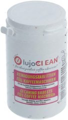 Wäiss Plastikdose mat Botzpastillen Lujo (90×3,0 g) mat engem rousaroude Textschëld.