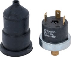 Drockschalter fir Waasser mat schwaarzem Gummideckel an engem separaten Metallkierper mat Schraubkontakter