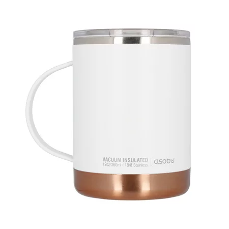 Fehér Asobu Ultimate Coffee Mug termobögre, 360 ml-es űrtartalommal és duplafalú szigeteléssel, ideális utazáshoz.