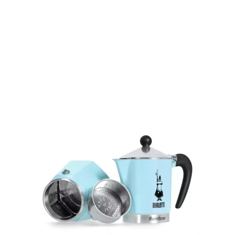 The blue Bialetti Rainbow Moka pot 3 is the perfect companion for brewing delicious coffee, which you can easily heat on a gas stove.