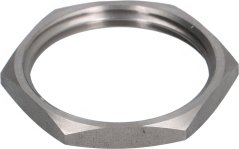 Inox-Sechskantmotter mat groussem Duerchmiesser a Gewend an der Mëtt. Inox-Sechskantmotter mat groussem Duerchmiesser a Gewend an der Mëtt.