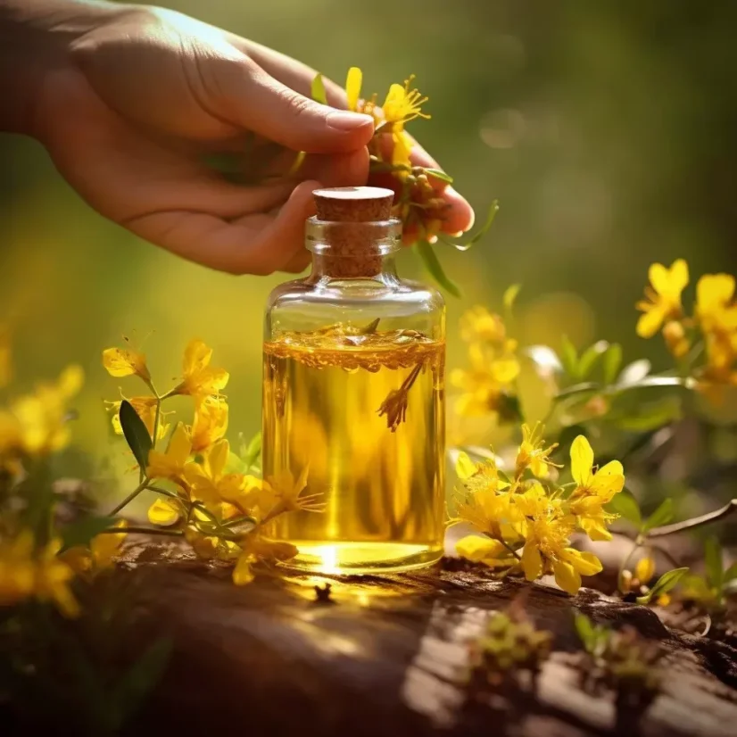 Bottle of 10 ml St. John's Wort essential oil with a refreshing effect, perfect for aromatherapy.
