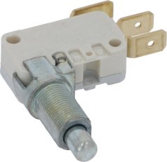 Mikroschalter ROLD VRSRB1DA1AC25, wäisst Plastikgehais mat zwee Faston-Kontakter an engem Metallaktivéierungsstëft.