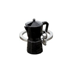 Schwarzer Schlüsselanhänger in Form einer Moka-Kanne ist das ideale Geschenk für Kaffeeliebhaber, das eine Kaffeestimmung überall hin bringt.