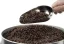 Cuillère en acier inoxydable avec des grains de café sur fond blanc