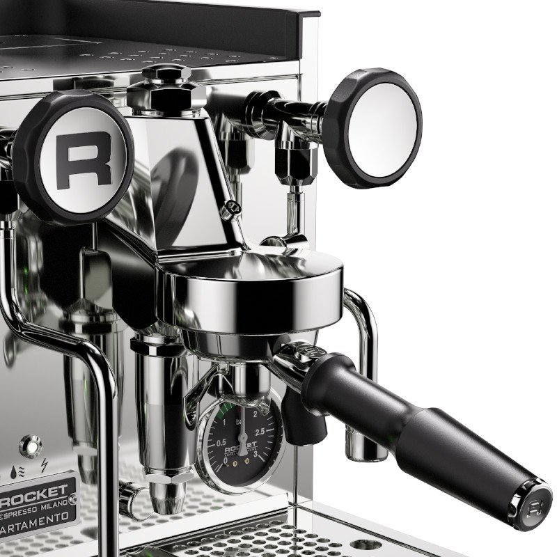 Rotating valves and portafilter of the Rocket Espresso Appartamento TCA coffee machine.