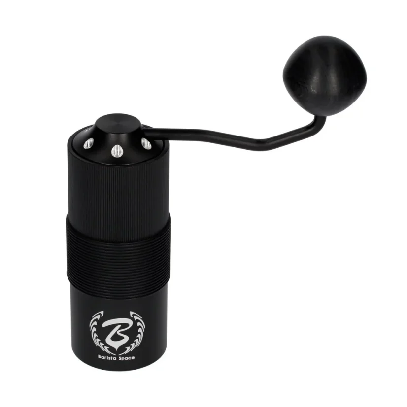 Handkaffeemühle von Barista Space in eleganter schwarzer Farbe, ideal für die Zubereitung von frisch gemahlenem Kaffee.