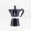 Classic black Bialetti Moka Express coffee maker for 6 cups, suitable for use with halogen heating sources.