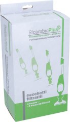 Schachtel Stëbbsäck fir de Staubsauger Ricambio Plus mat grénger Bedréckung a Biller vum Staubsauger
