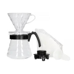 Hario V60-02 Pour Over Kit with glass carafe, clear plastic dripper, and black plastic lid