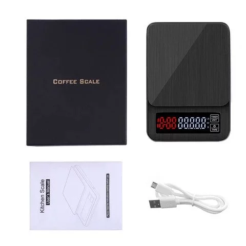 The package includes a Barista Space scale, USB cable, and manual.