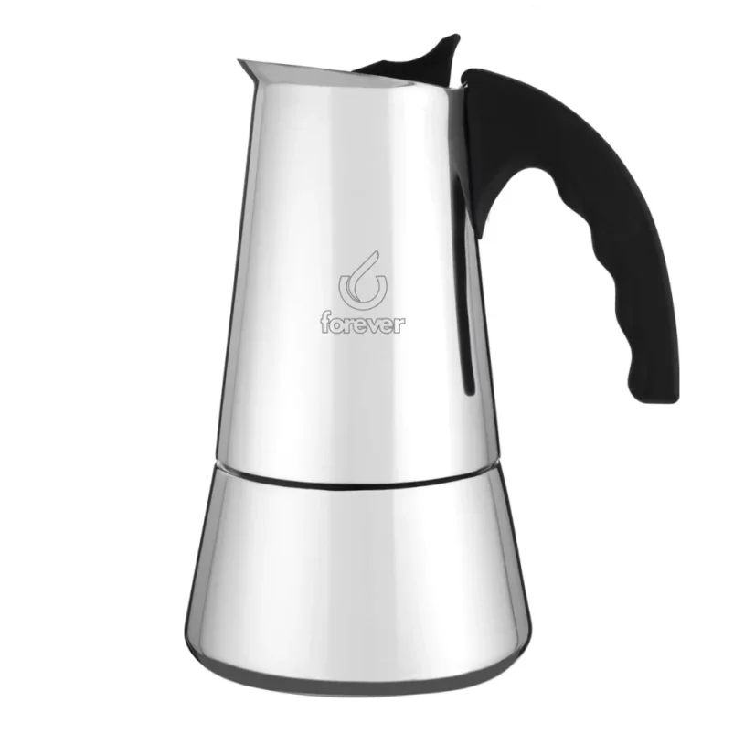 Silver moka pot with a black handle for 10 cups on a white background.