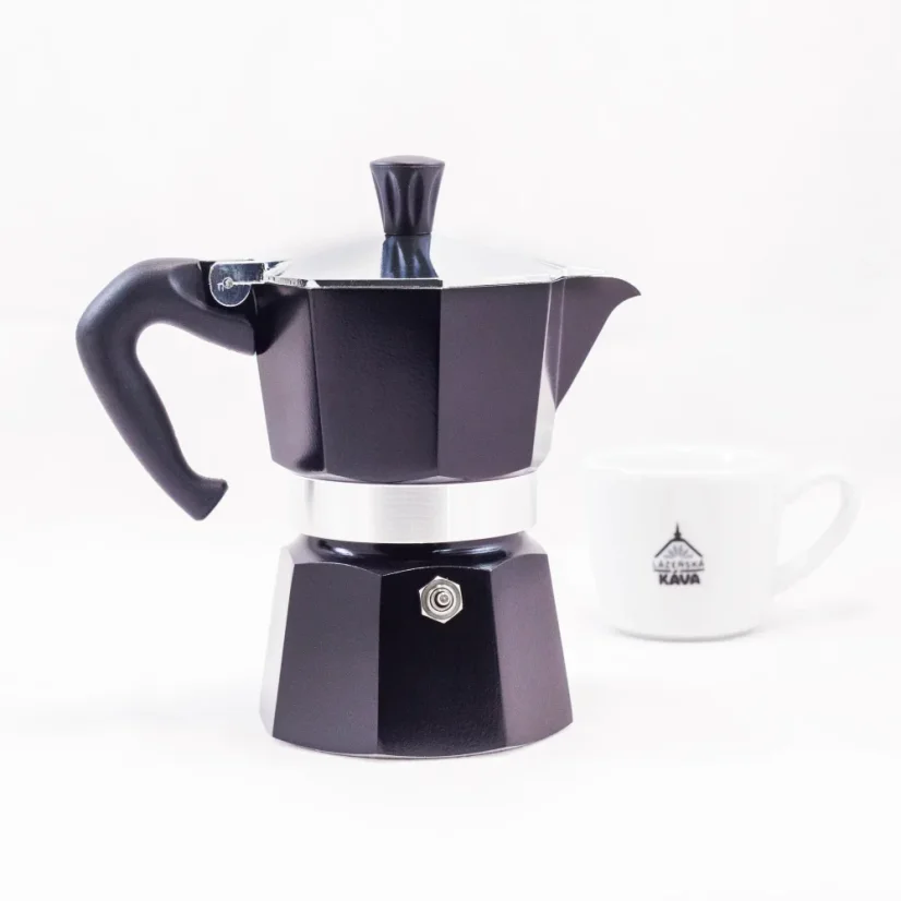 Black Bialetti Moka Express coffee maker for 3 cups, suitable for ceramic glass heating sources.