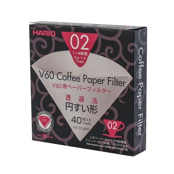 Balenie 40 bielych papierových filtrov Hario V60-02 VCF-02-40W na prípravu kávy, vyrobené z kvalitného papiera.
