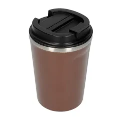 Termo taza Asobu Cafe Compact de color marrón con capacidad de 380 ml, fabricada de plástico, ideal para viajes.