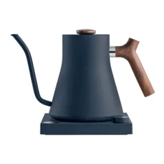 Blue electric kettle Fellow Stagg EKG with wooden handle and temperature control feature.