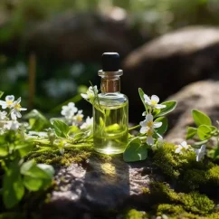 Fľaša esenciálneho oleja Bhringraj s objemom 10 ml, ktorý je 100% prírodný a certifikovane zbieraný vo voľnej prírode.
