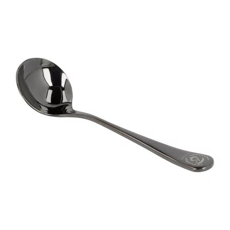 Black cupping spoon by Barista Space, designed for professional coffee tasting.