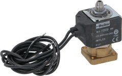 Elektromagnéitescht Ventil Parker mat schwaarzer Spull, engem laange Kabel a messege Kierper Elektromagnéitescht Ventil Parker mat schwaarzer Spull, engem laange Kabel a messege Kierper