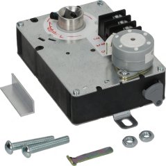 Metallkëscht vum Motor mat engem Dréischeif, engem Klemmeblock an engem klenge Gedreiwsmotor, mat engem Montagewénkel a Schrauwen.