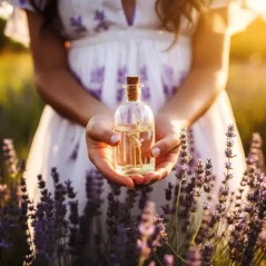 Botella de aceite esencial de lavanda, 100% natural, con un volumen de 10 ml y aroma floral.