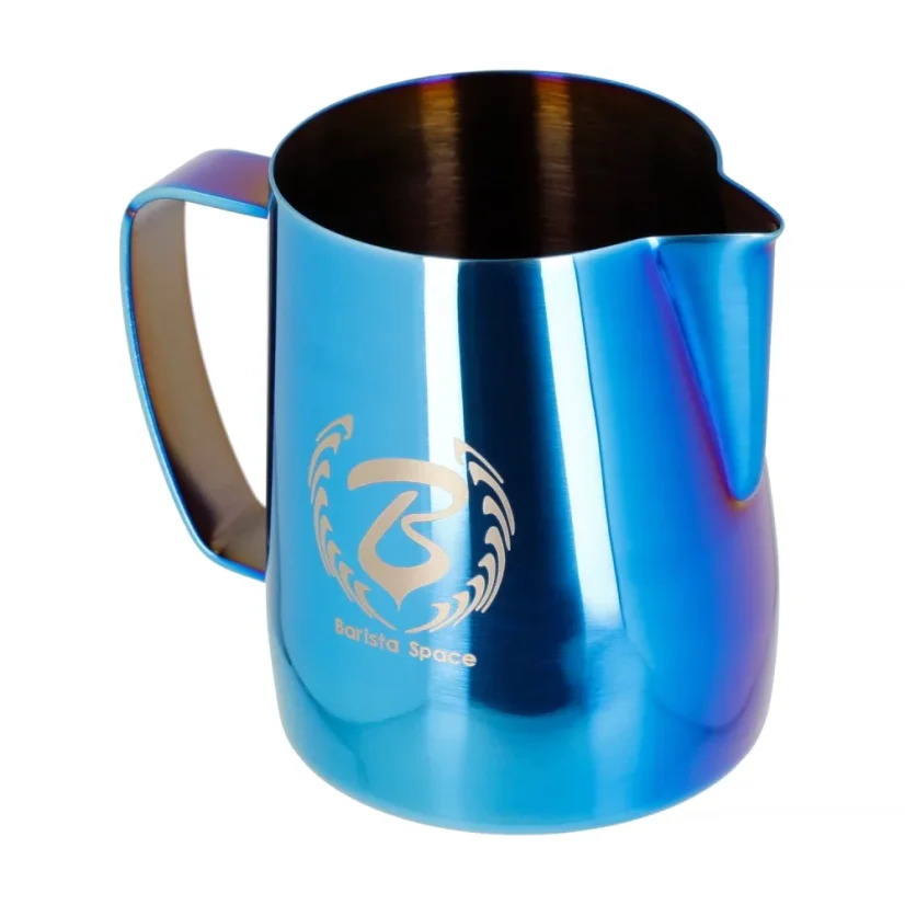 Blue Barista Space milk pitcher.