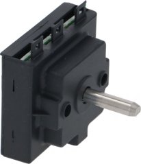 Digital Potentiometer mat engem schwaarze Plastikkierper, Metall-Steckerstiften uewen an enger laanger Metallwell. Digital Potentiometer mat engem schwaarze Plastikkierper, Metall-Steckerstiften uewen an enger laanger Metallwell.