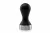 Silver tamper with a black handle on a white background