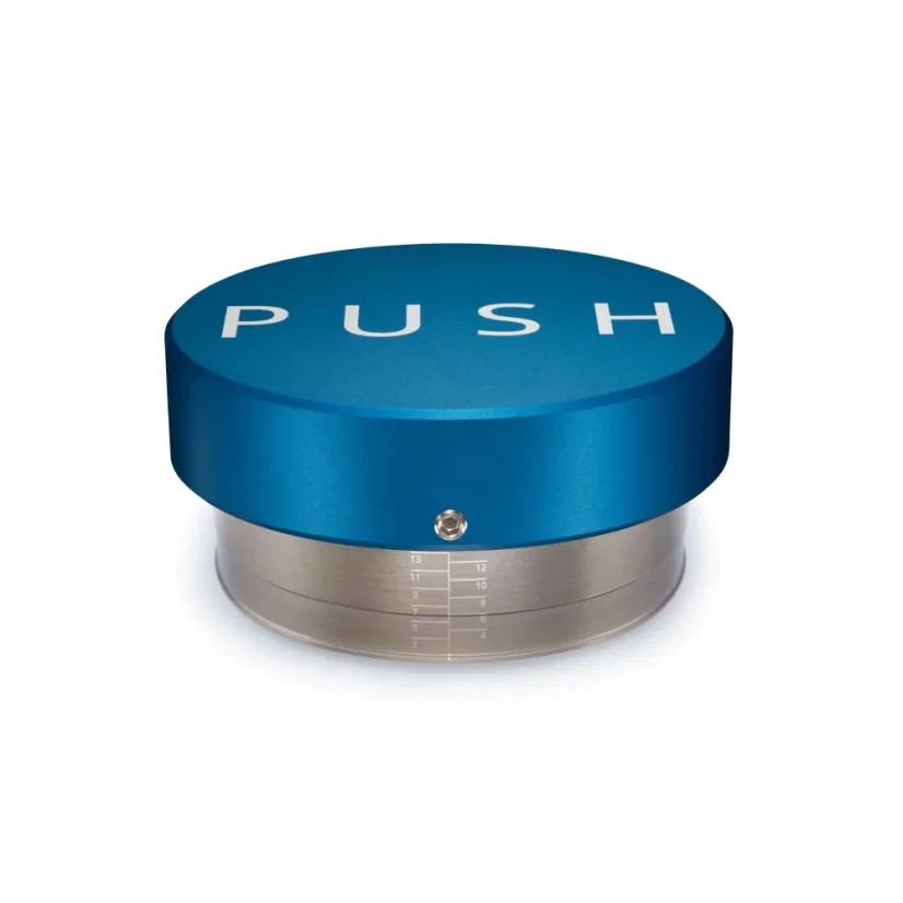 Clockwork Espresso Push Tamper 58.5 mm in blue color.
