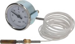 Wäisse Fernthermometer mat enger Skala vun 0 bis 120 °C, engem wäisse Kabel an enger Messingsond.