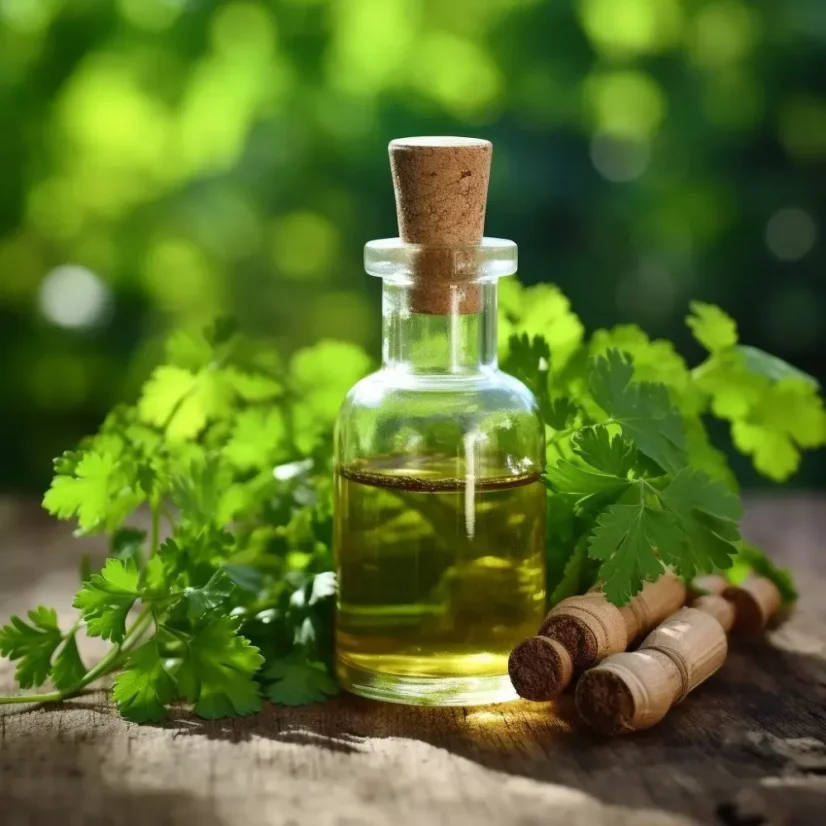 Glass bottle containing 10 ml of 100% natural coriander essential oil with a woody aroma.