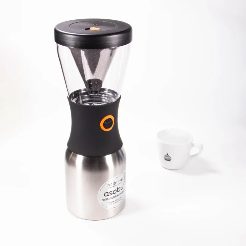 Asobu KB900 silver cold brew maker and a cup with a logo.