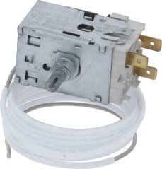 Thermostat ATEA A13-0179, wäisst Plastikgehais mat Dréiknäppchen, flaache Faston-Kontakter an enger opgerollter wäisser Kapillar.