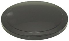 Schwaarzen ronnen Deckel vum Dosespender mat glaater, liicht gewëllbter Uewerfläch a Lächer um Rand Schwaarzen ronnen Deckel vum Dosespender mat glaater, liicht gewëllbter Uewerfläch a Lächer um Rand