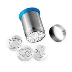 Shaker plateado para chocolate y cacao con diseños.