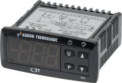 Elektronesche Reegler Ascon Tecnologic, schwaarze Panel mat Display a Knäpp U, P a Pfeilen